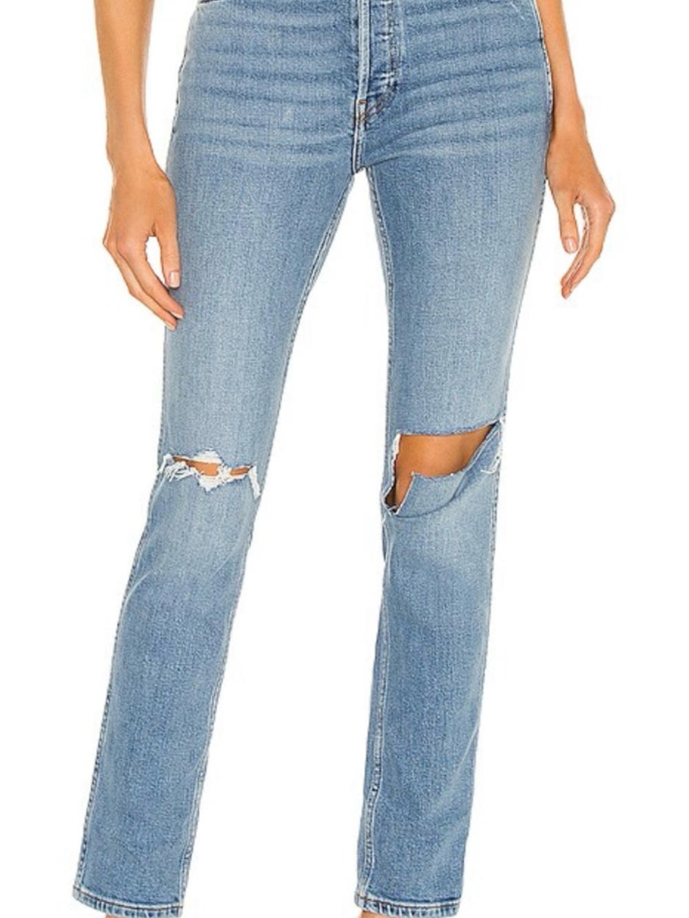 Re/Done Light Blue High-Rise Distressed Straight Jeans